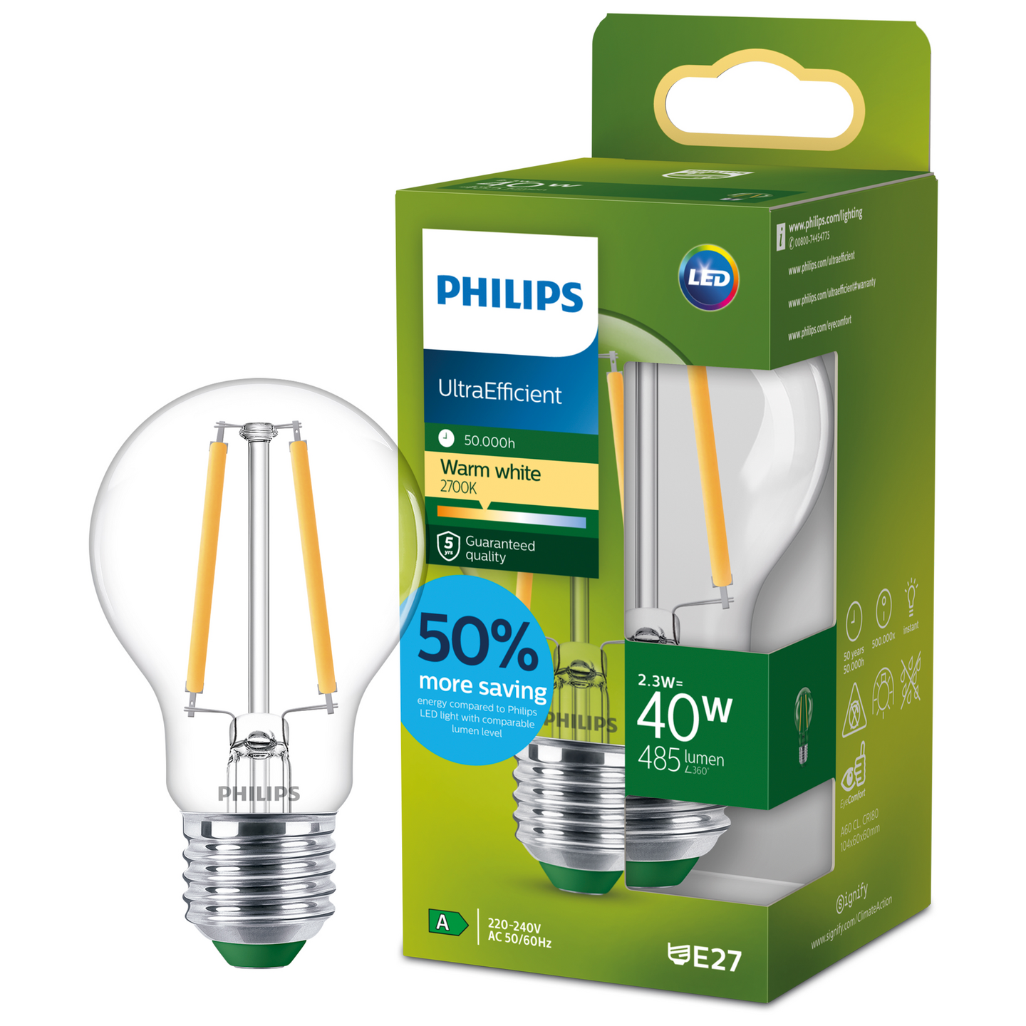Led-lamppu Philips Ultra Efficient 40W E27 2700K 485lm läpinäkyvä lasi