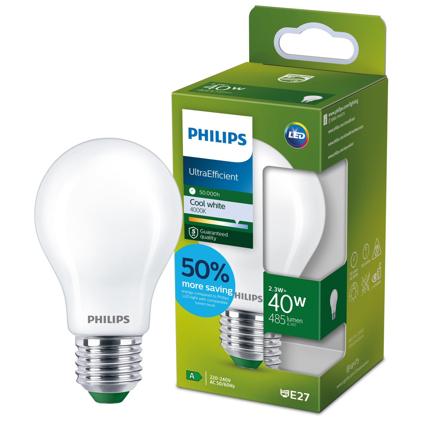 Led-lamppu Philips Ultra Efficient 40W E27 4000K 485lm huurrettu lasi