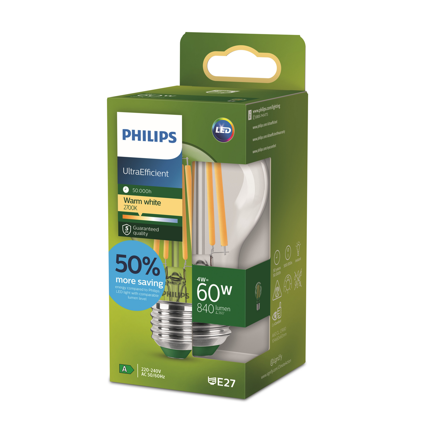 Led-lamppu Philips Ultra Efficient 60W E27 2700K 840lm läpinäkyvä lasi