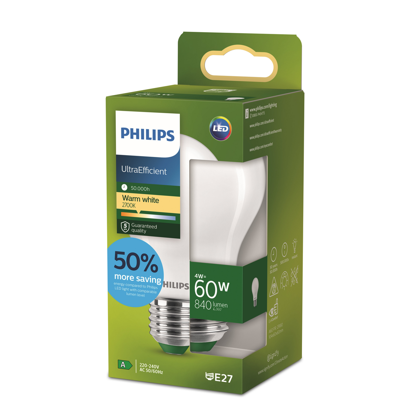 Led-lamppu Philips Ultra Efficient 60W E27 2700K 840lm huurrettu lasi