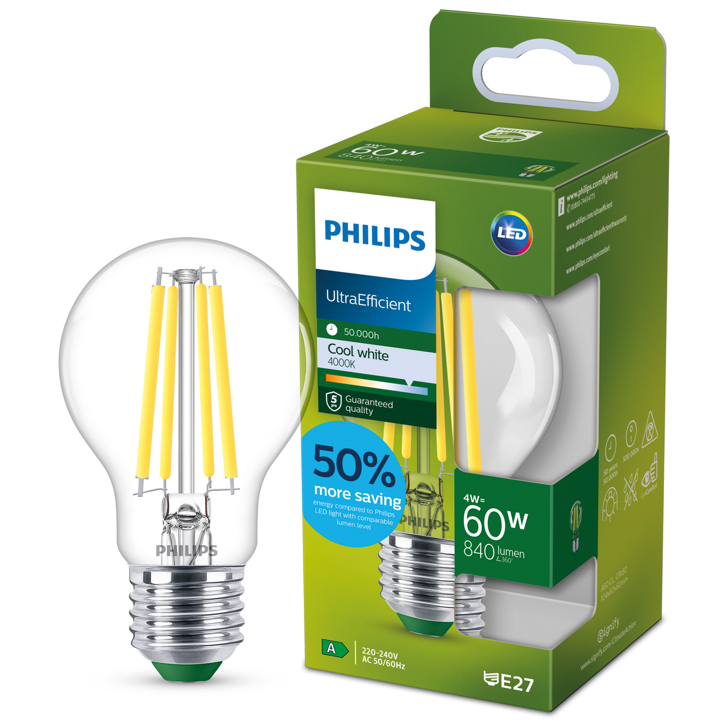 Led-lamppu Philips Ultra Efficient 60W E27 4000K 840lm läpinäkyvä lasi
