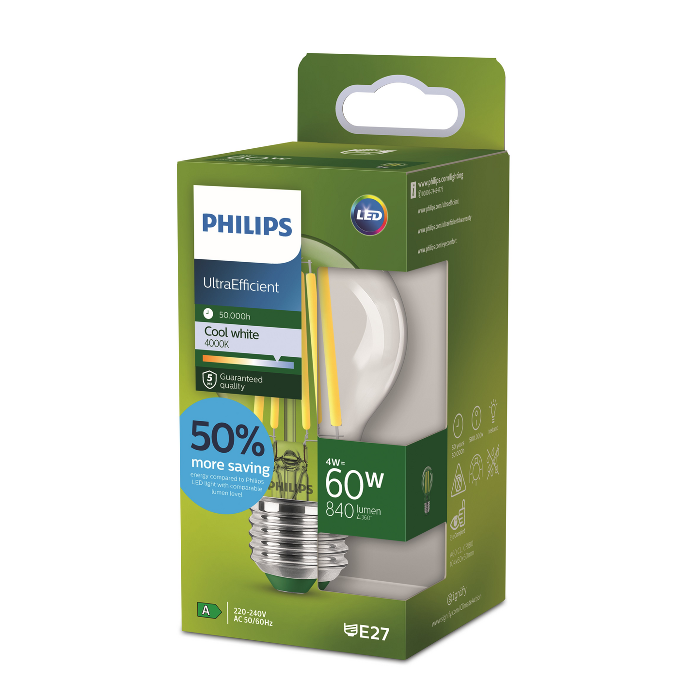 Led-lamppu Philips Ultra Efficient 60W E27 4000K 840lm läpinäkyvä lasi