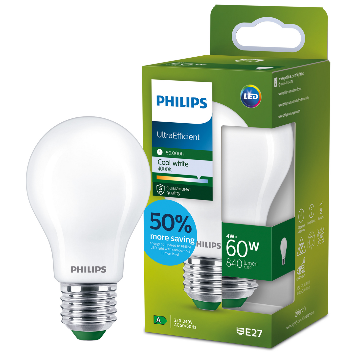 Led-lamppu Philips Ultra Efficient 60W E27 4000K 840lm huurrettu lasi