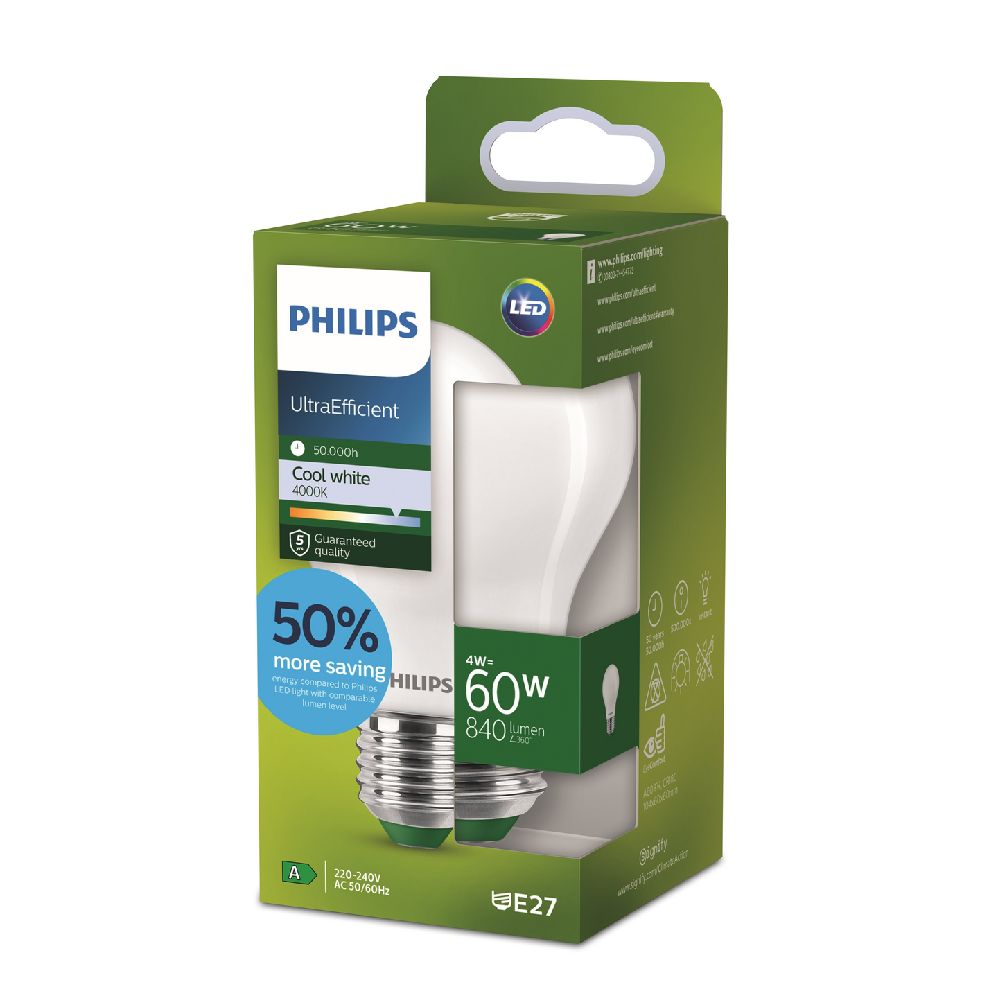 Led-lamppu Philips Ultra Efficient 60W E27 4000K 840lm huurrettu lasi