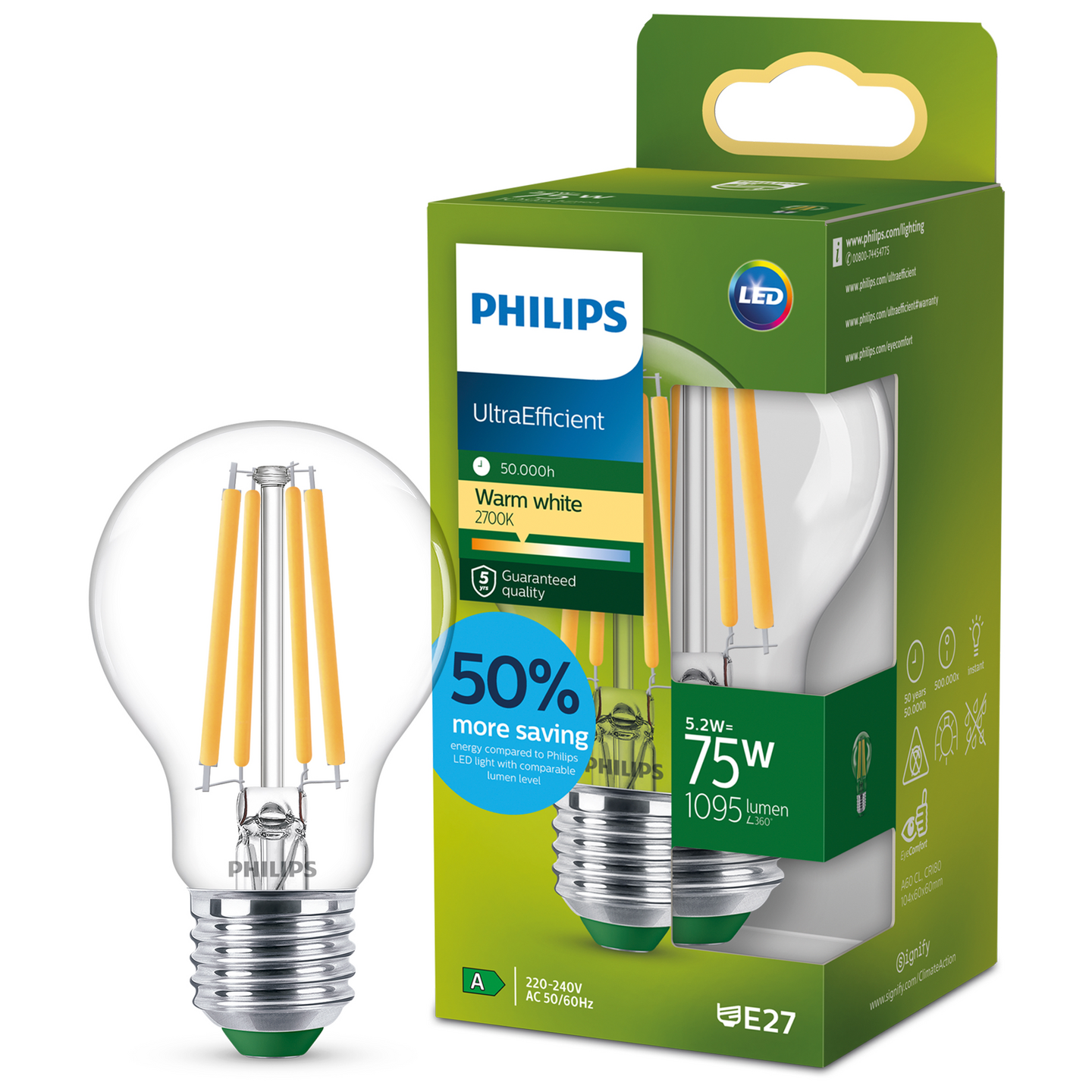 Led-lamppu Philips Ultra Efficient 75W E27 2700K 1095lm läpinäkyvä lasi