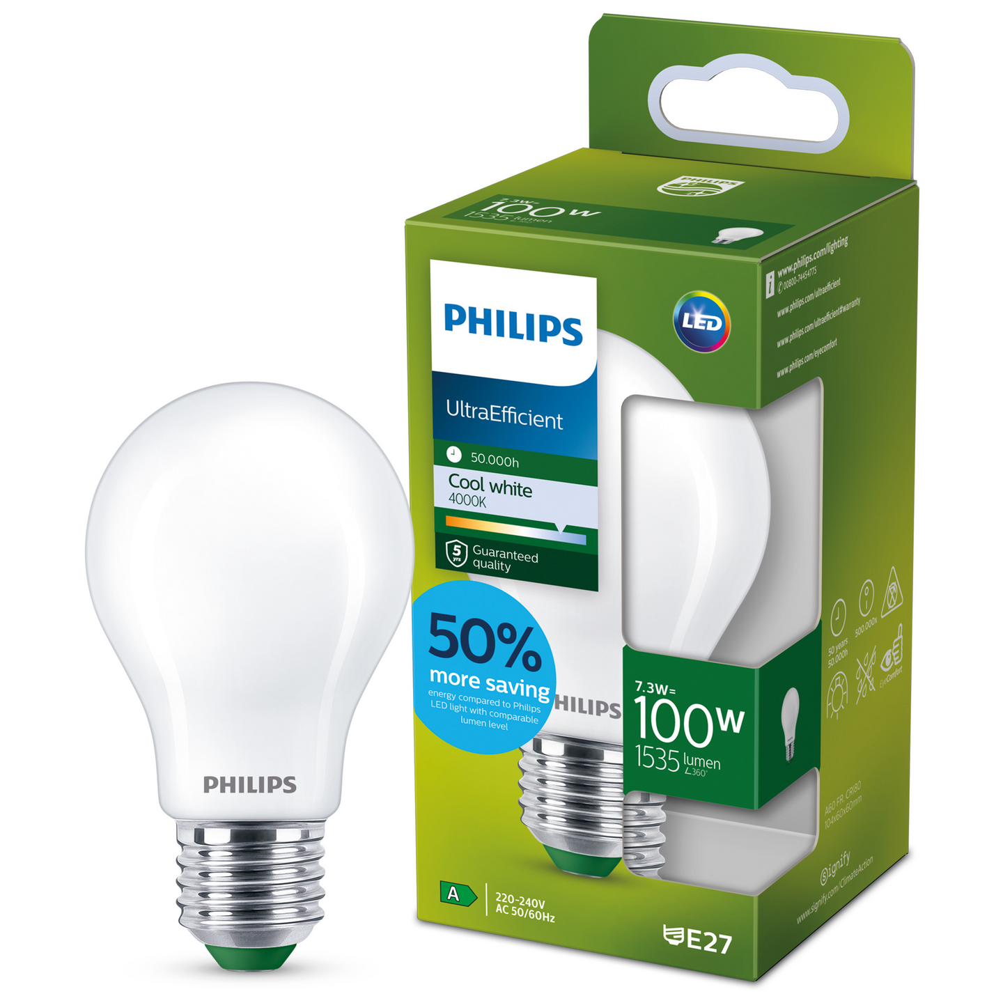 Led-lamppu Philips Ultra Efficient 100W E27 4000K 1535lm huurrettu lasi