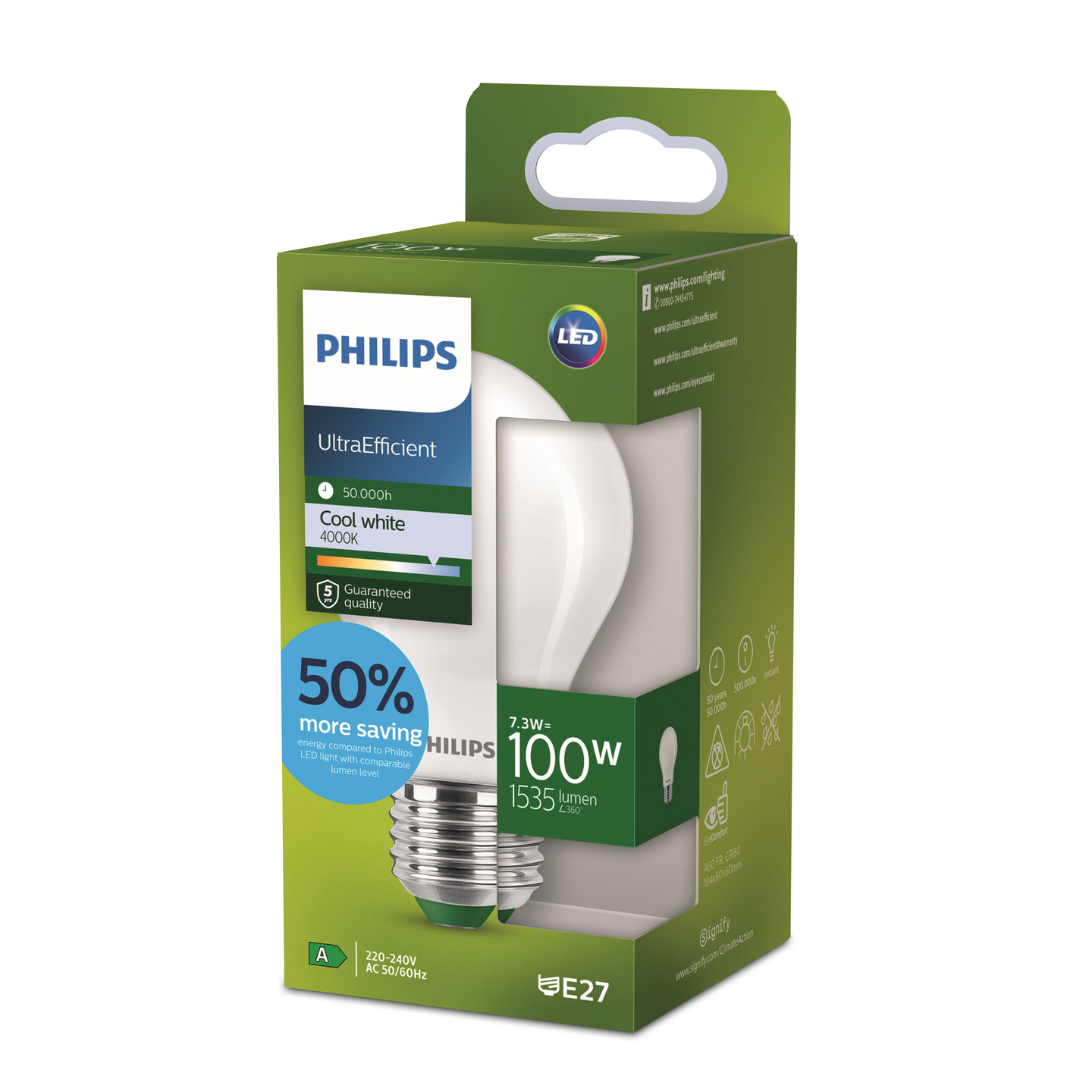 Led-lamppu Philips Ultra Efficient 100W E27 4000K 1535lm huurrettu lasi