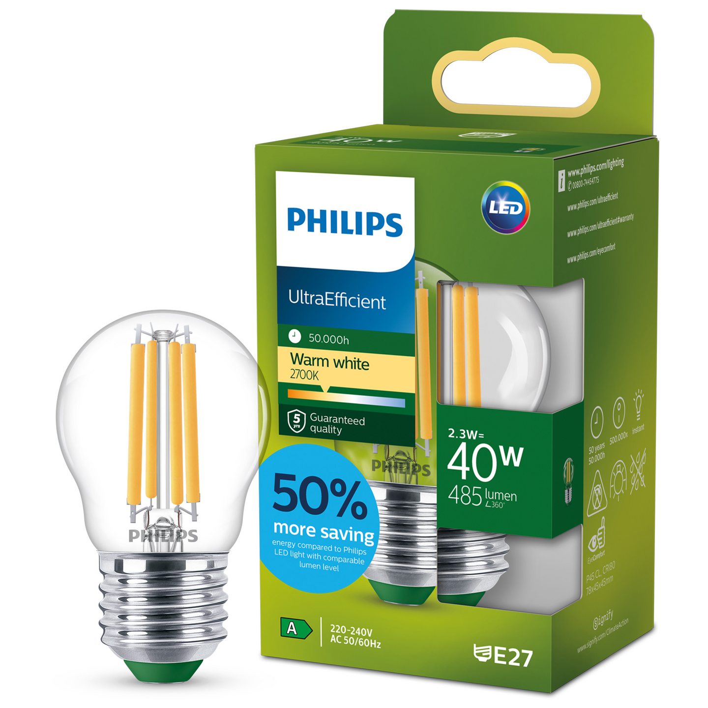 Led-lamppu Philips Ultra Efficient 40W E27 2700K 485lm läpinäkyvä lasi