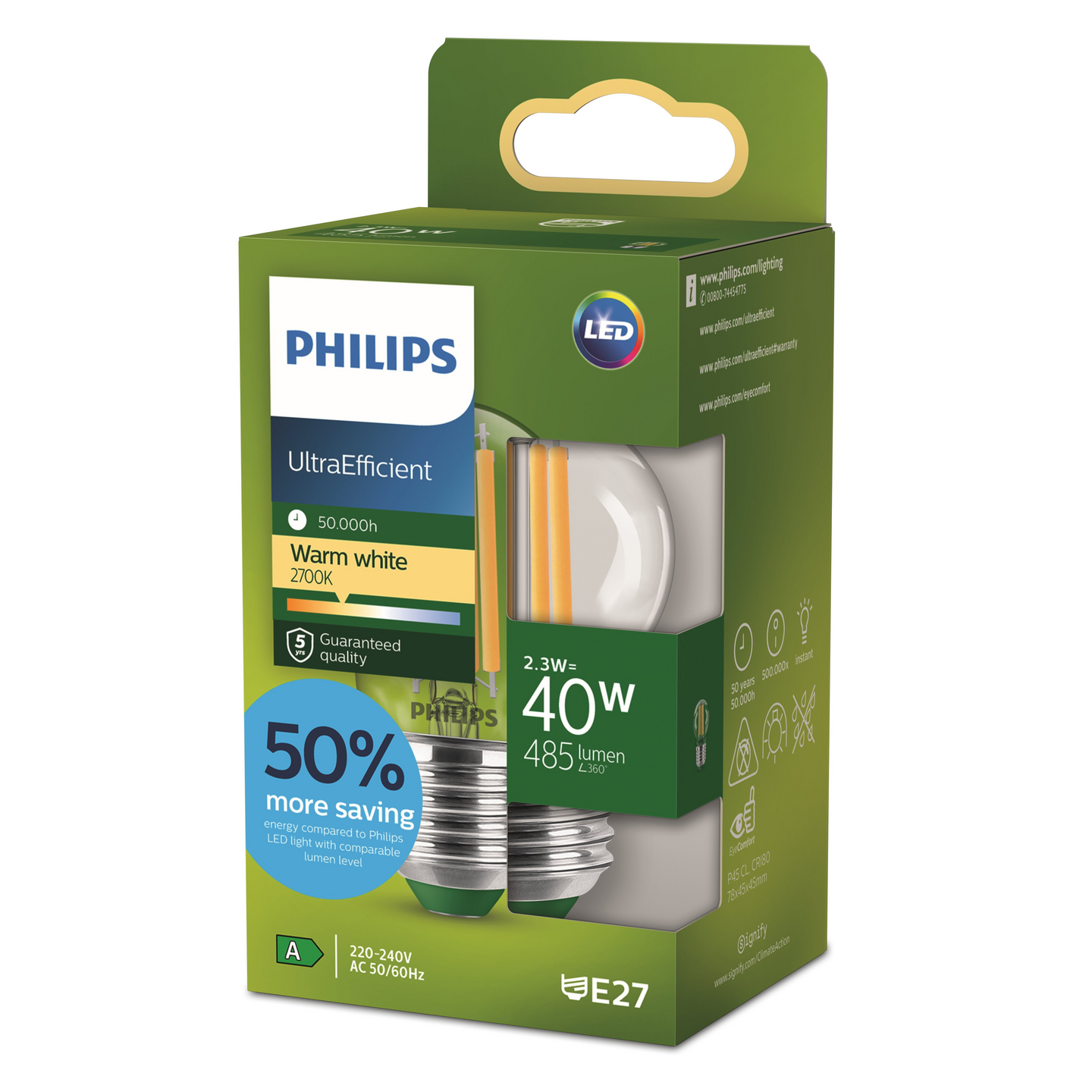 Led-lamppu Philips Ultra Efficient 40W E27 2700K 485lm läpinäkyvä lasi