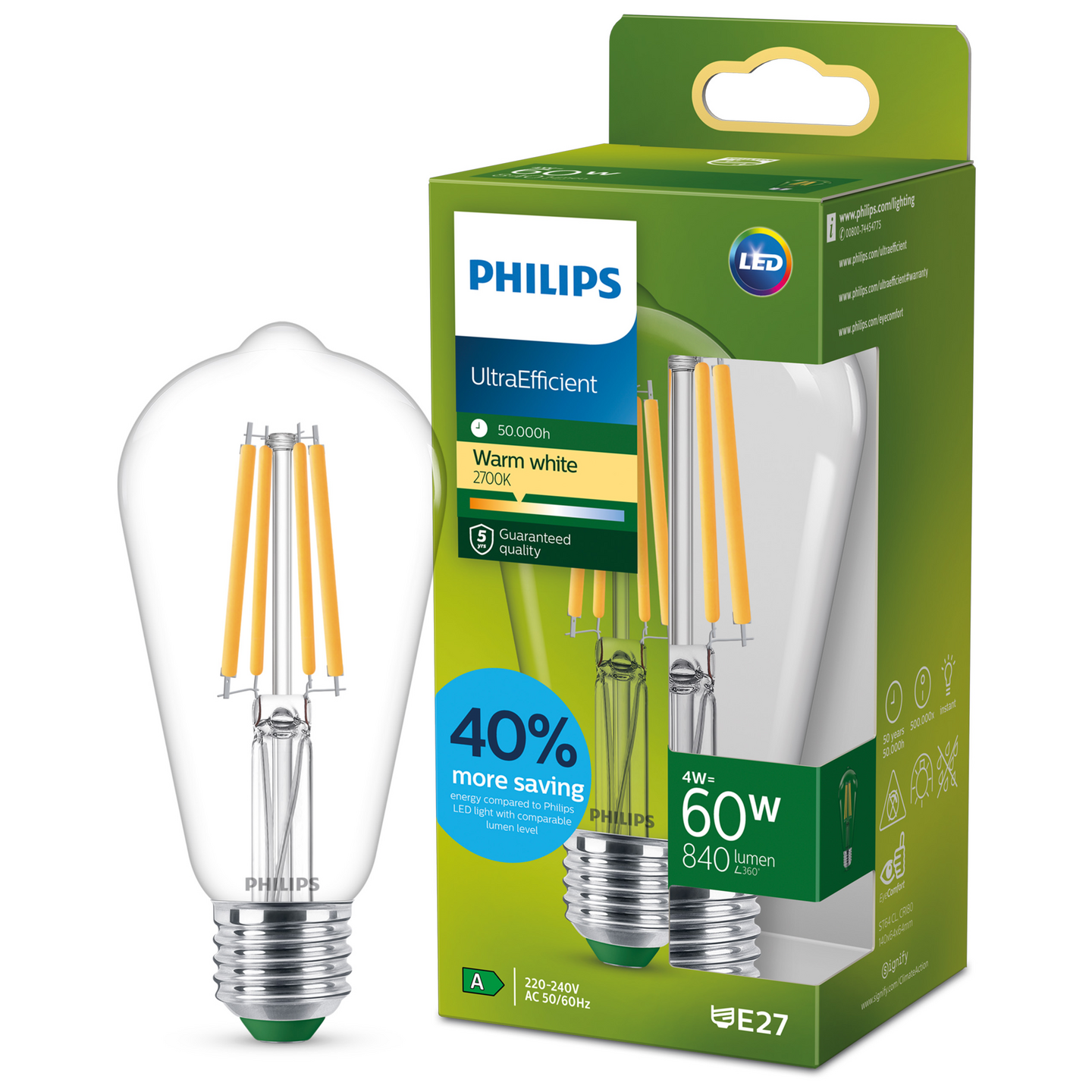 Led-lamppu Philips Ultra Efficient 60W E27 2700K 840lm läpinäkyvä lasi