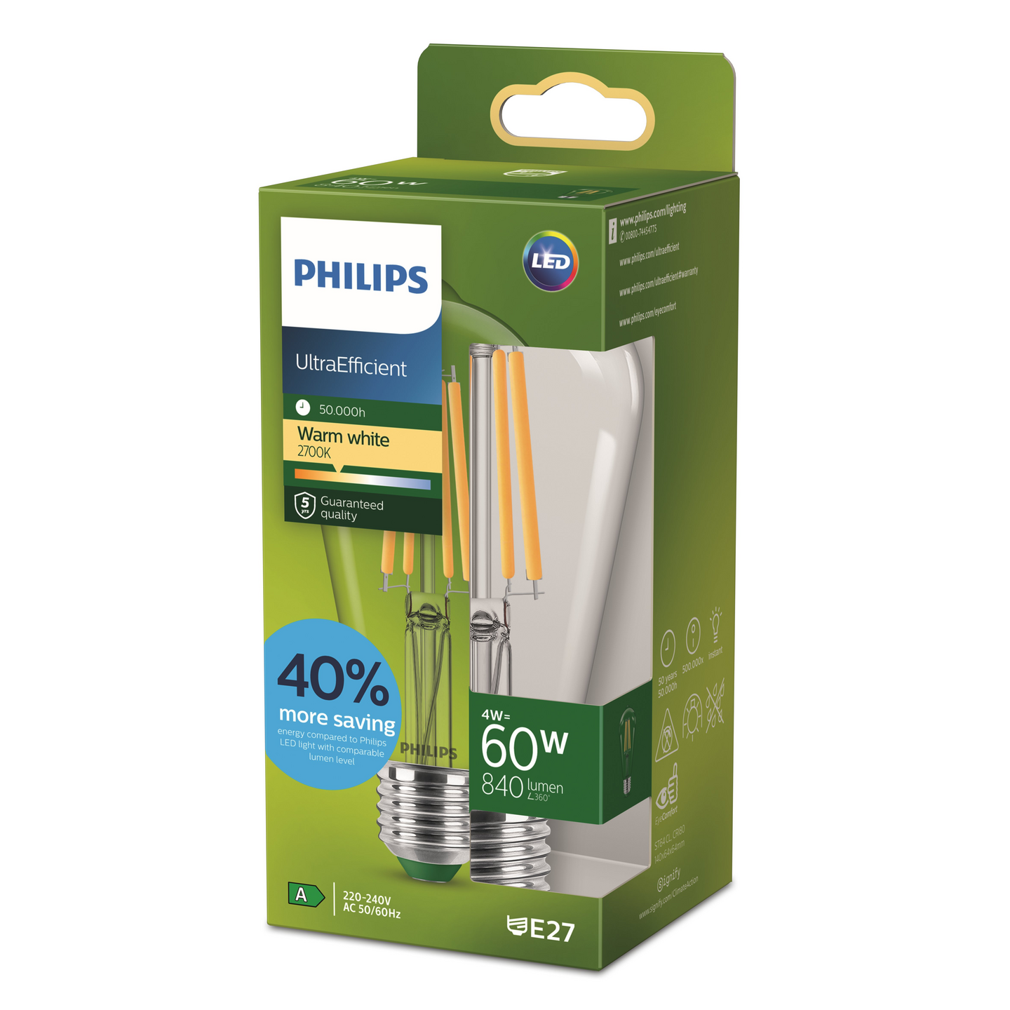 Led-lamppu Philips Ultra Efficient 60W E27 2700K 840lm läpinäkyvä lasi