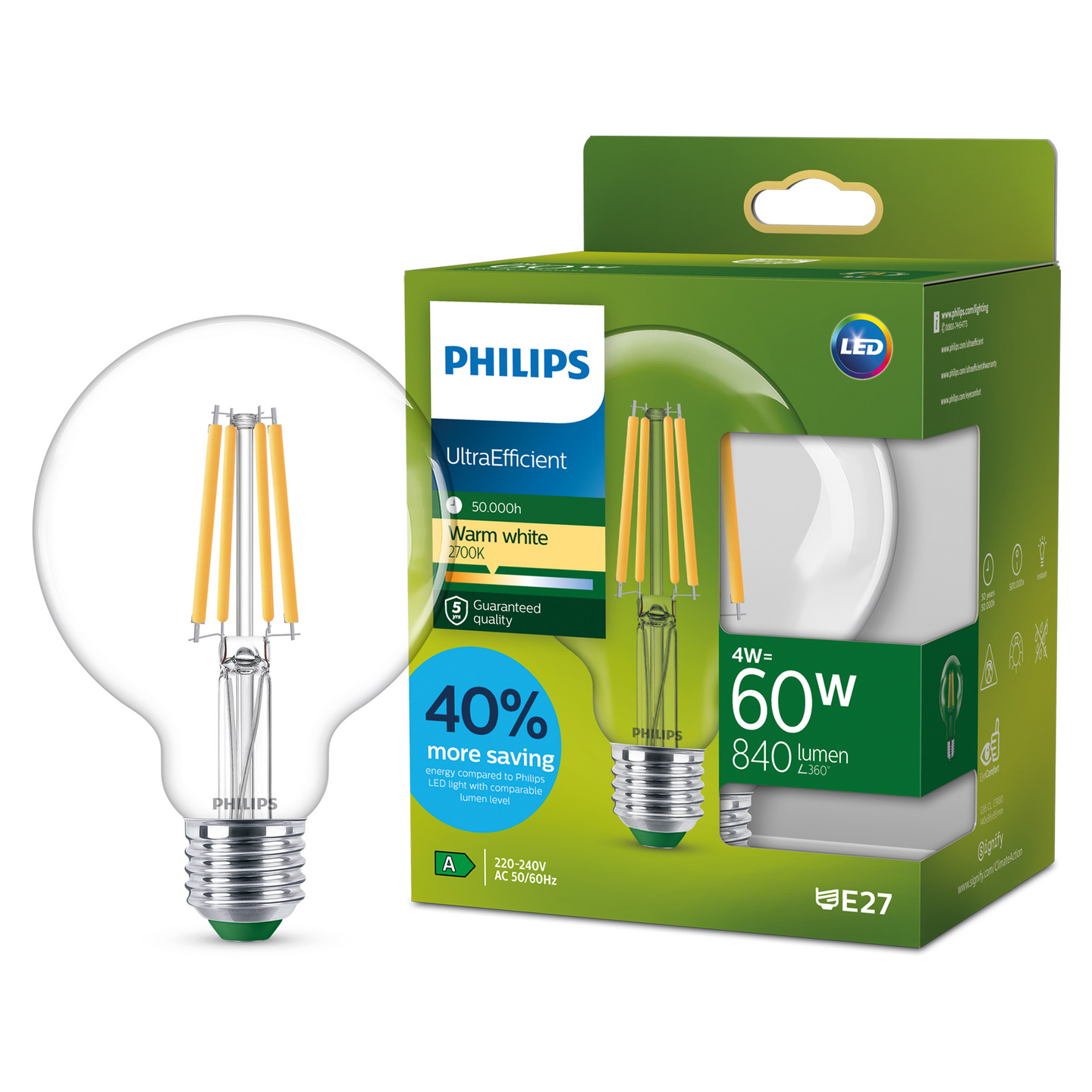 Led-lamppu Philips Ultra Efficient 60W E27 2700K 840lm läpinäkyvä lasi