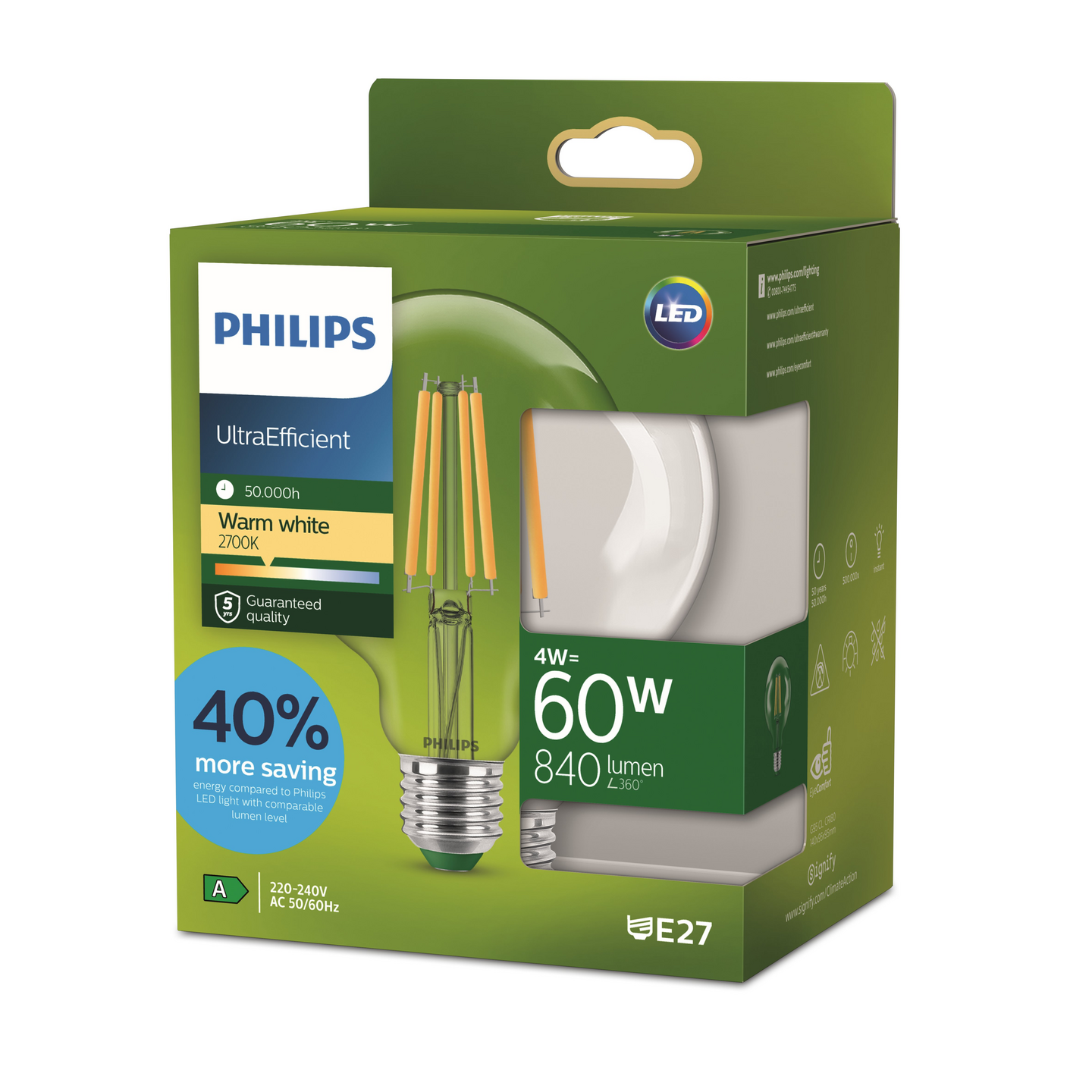 Led-lamppu Philips Ultra Efficient 60W E27 2700K 840lm läpinäkyvä lasi