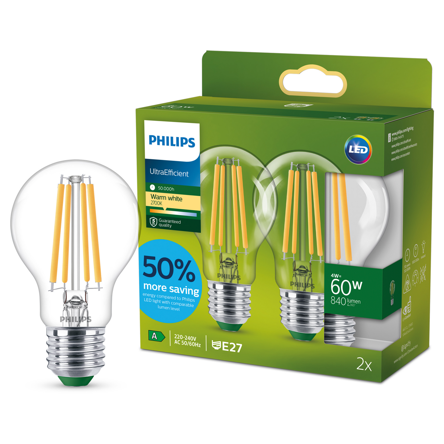 Led-vakiolamppu Philips Ultra Efficient A60 840lm 4W E27 2700K kirkas 2 kpl