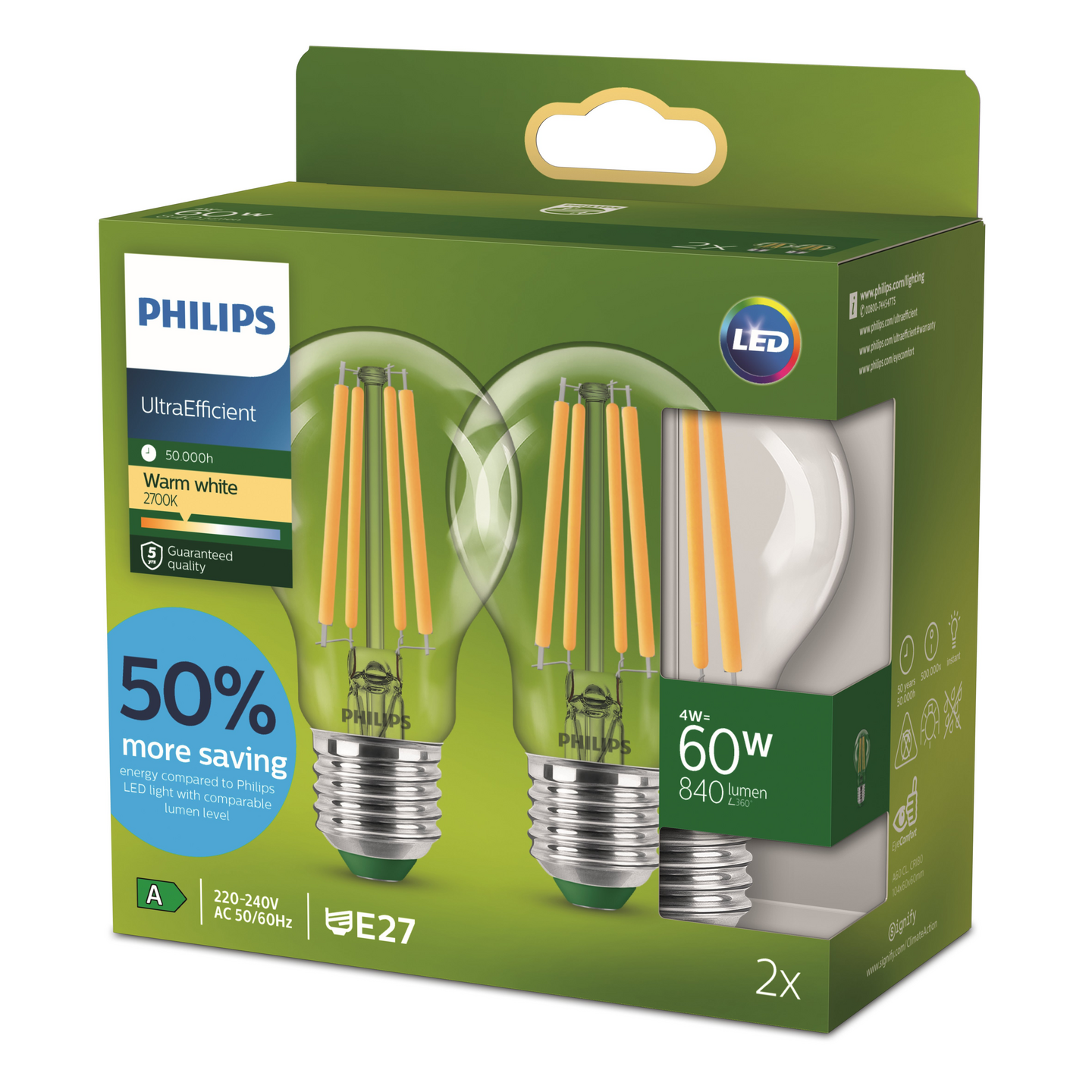 Led-vakiolamppu Philips Ultra Efficient A60 840lm 4W E27 2700K kirkas 2 kpl
