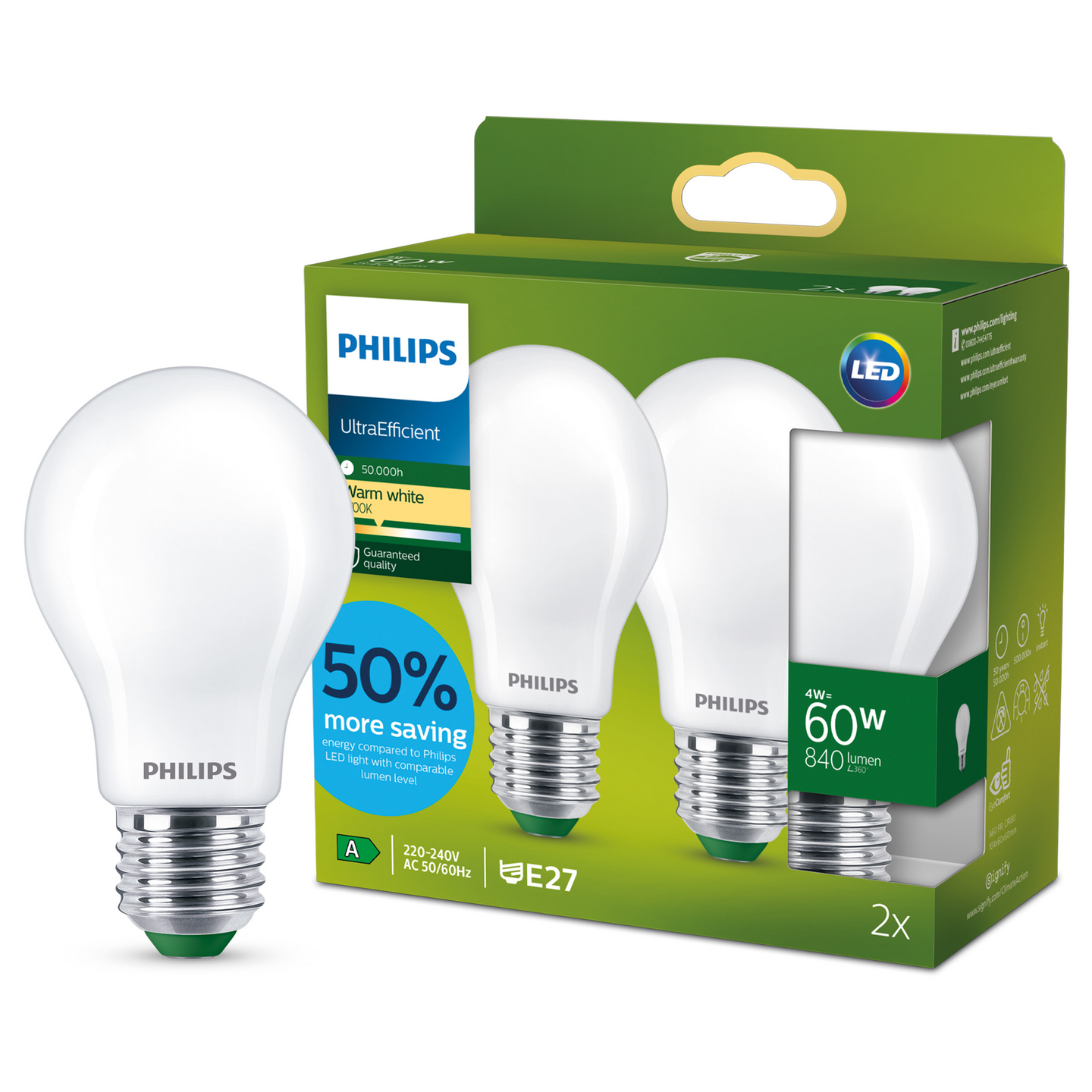 Led-vakiolamppu Philips Ultra Efficient A60 840lm 4W E27 2700K huurrettu 2 kpl