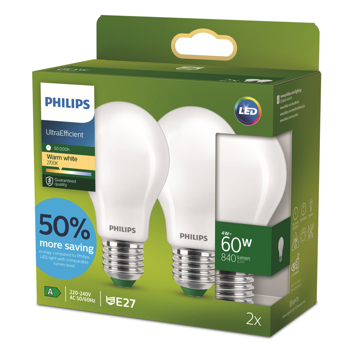 Led-vakiolamppu Philips Ultra Efficient A60 840lm 4W E27 2700K huurrettu 2 kpl