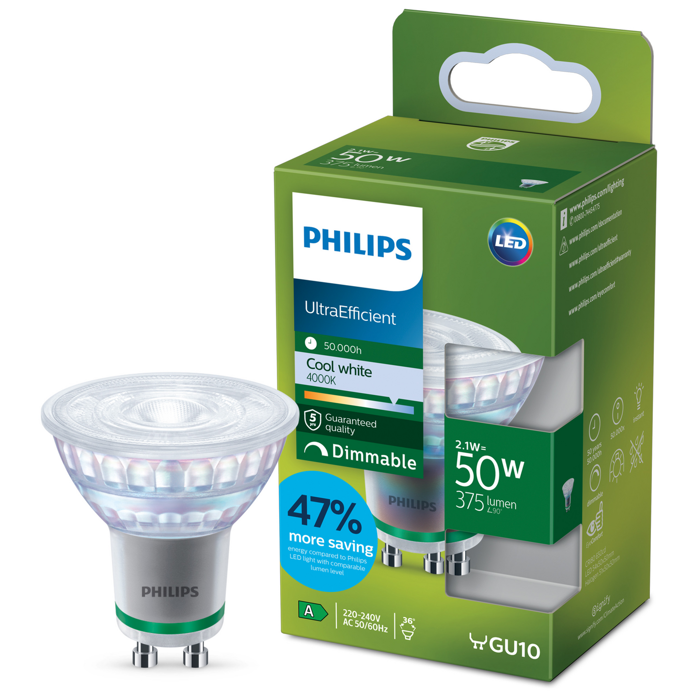 Led-kohdelamppu Philips Ultra Efficient PAR16 400lm 2,1W GU10 4000K kirkas