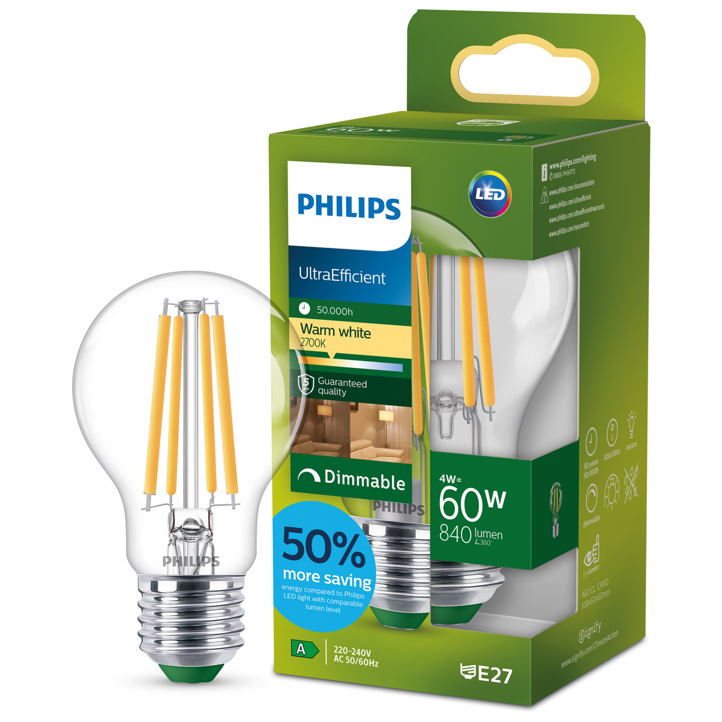 Led-vakiolamppu Philips Ultra Efficient A60 840lm 4W E27 2700K kirkas