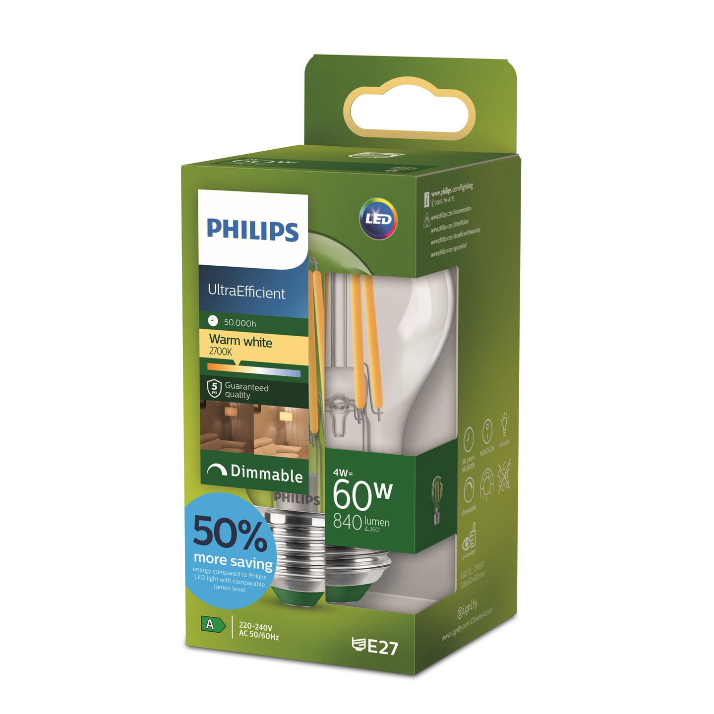Led-vakiolamppu Philips Ultra Efficient A60 840lm 4W E27 2700K kirkas
