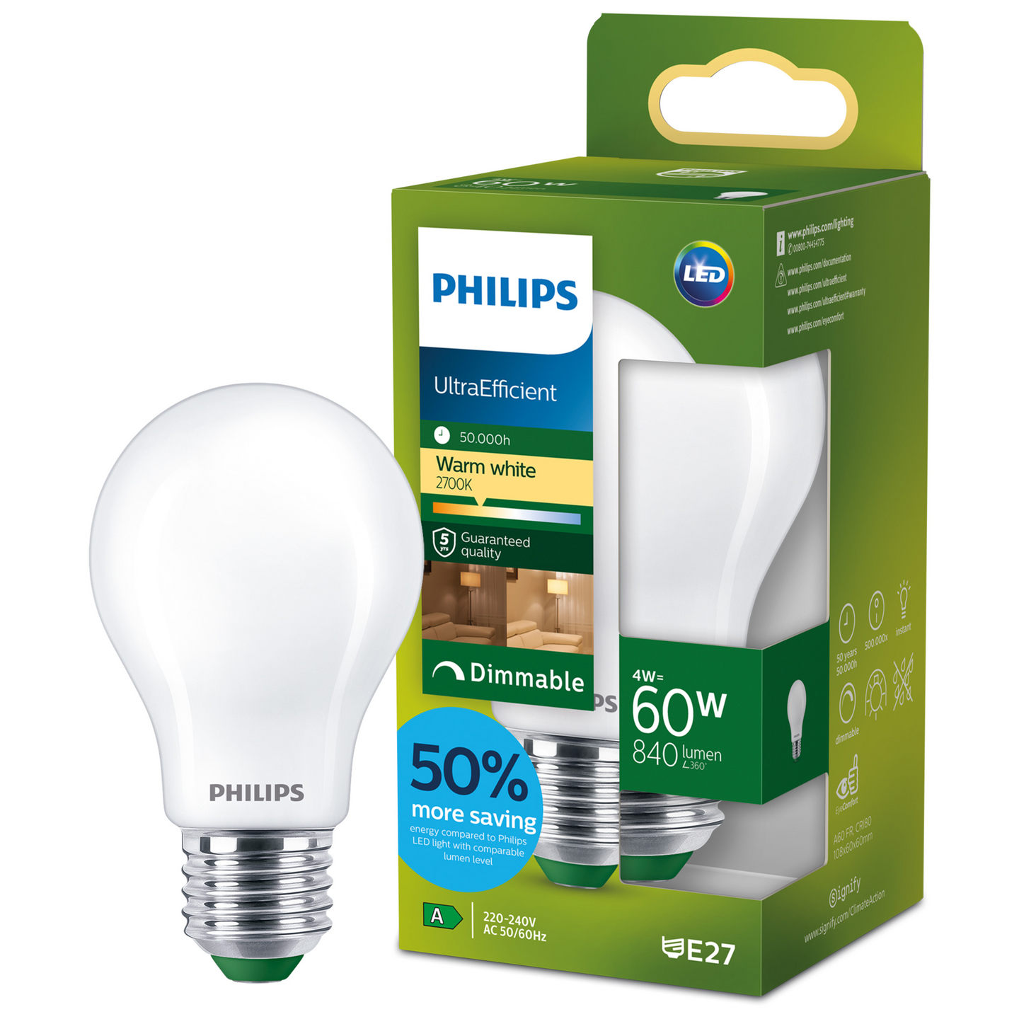 Led-vakiolamppu Philips Ultra Efficient A60 840lm 4W E27 2700K huurrettu