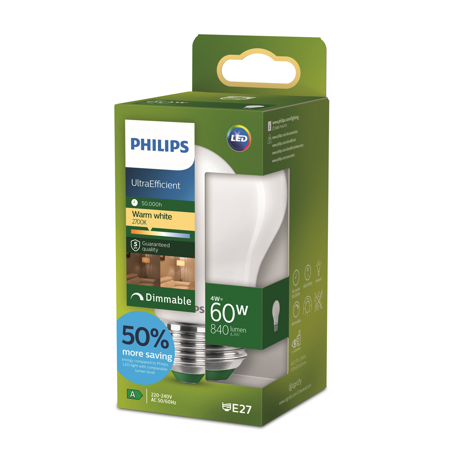 Led-vakiolamppu Philips Ultra Efficient A60 840lm 4W E27 2700K huurrettu