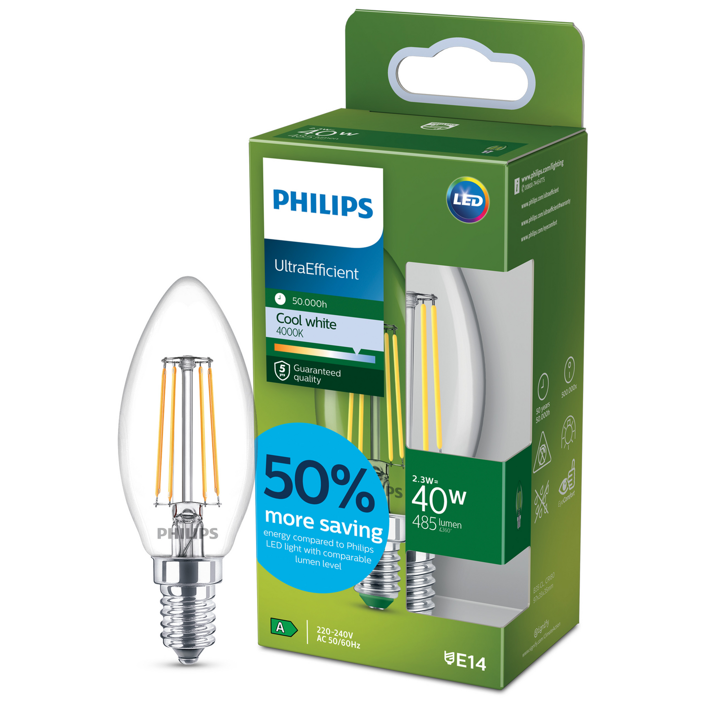 Led-kynttilälamppu Philips Ultra Efficient B35 485lm 2,3W E14 4000K kirkas