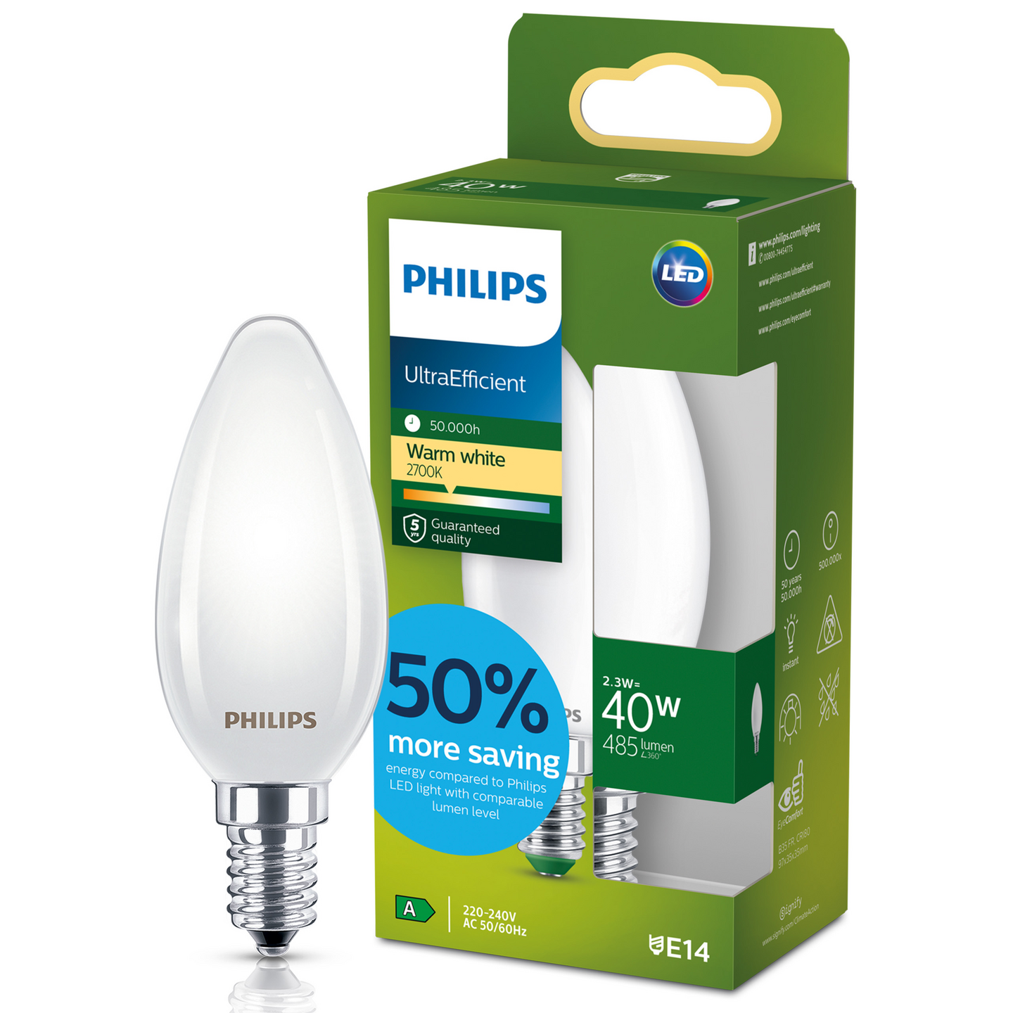 Led-kynttilälamppu Philips Ultra Efficient B35 485lm 2,3W E14 2700K huurrettu