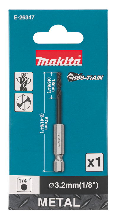 Metalliporanterä Makita HSS-TiAIN 3,2x67mm 1/4" kuusiokanta keskityskärki