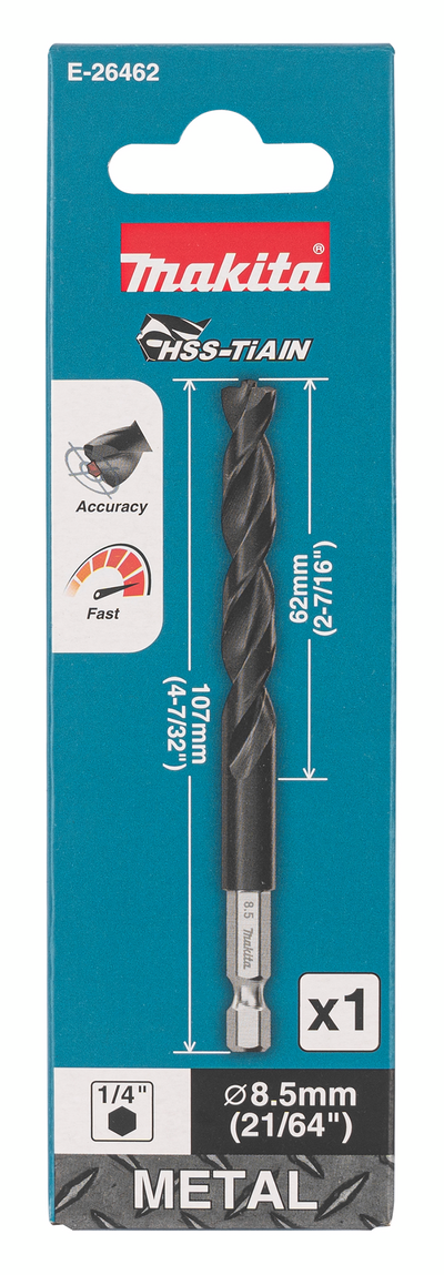 Metalliporanterä Makita HSS-TiAIN 8,5x107mm 1/4" kuusiokanta keskityskärki