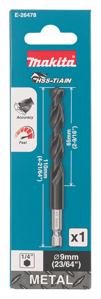 Metalliporanterä Makita HSS-TiAIN 9,0x110mm 1/4" kuusiokanta keskityskärki