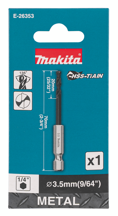 Metalliporanterä Makita HSS-TiAIN 3,5x70mm 1/4" kuusiokanta keskityskärki