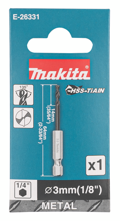 Metalliporanterä Makita HSS-TiAIN 3,0x64mm 1/4" kuusiokanta keskityskärki