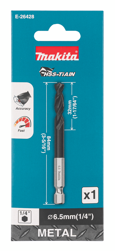 Metalliporanterä Makita HSS-TiAIN 6,5x84mm 1/4" kuusiokanta keskityskärki