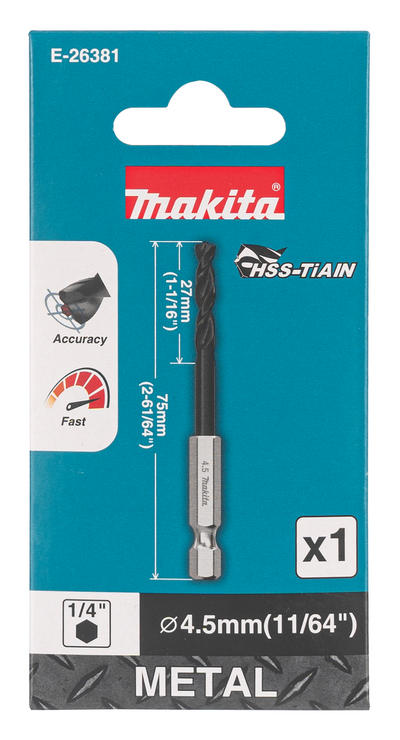 Metalliporanterä Makita HSS-TiAIN 4,5x75mm 1/4" kuusiokanta keskityskärki