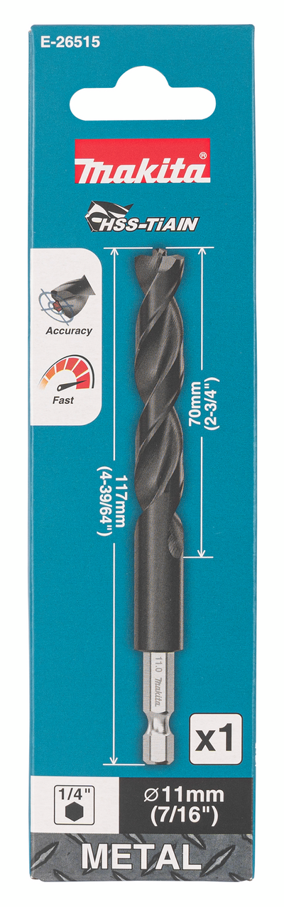 Metalliporanterä Makita HSS-TiAIN 11,0x117mm 1/4" kuusiokanta keskityskärki