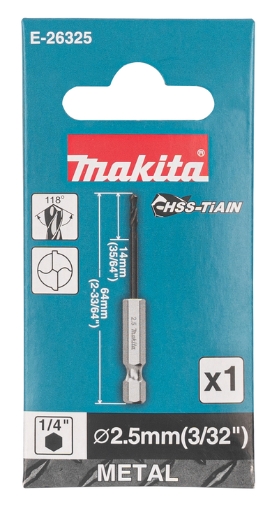Metalliporanterä Makita HSS-TiAIN 2,5x64mm 1/4" kuusiokanta keskityskärki