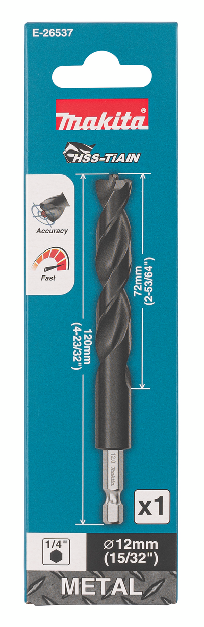 Metalliporanterä Makita HSS-TiAIN 12,0x120mm 1/4" kuusiokanta keskityskärki
