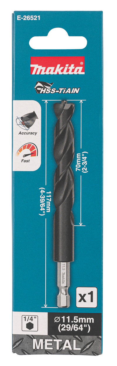 Metalliporanterä Makita HSS-TiAIN 11,5x117mm 1/4" kuusiokanta keskityskärki