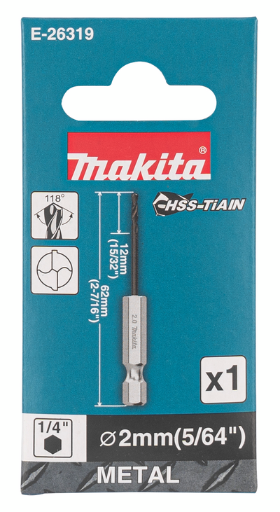 Metalliporanterä Makita HSS-TiAIN 2,0x62mm 1/4" kuusiokanta keskityskärki