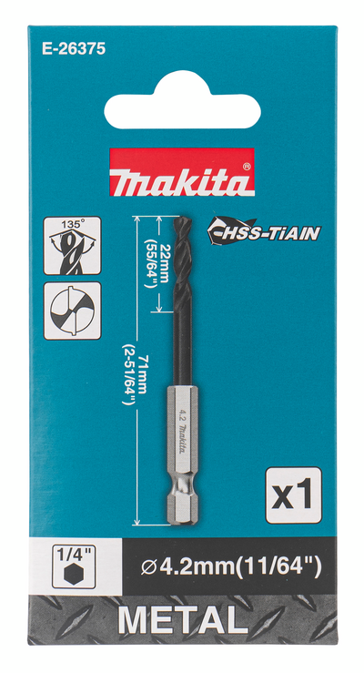 Metalliporanterä Makita HSS-TiAIN 4,2x71mm 1/4" kuusiokanta keskityskärki