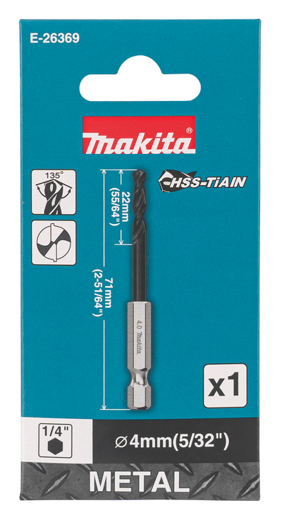 Metalliporanterä Makita HSS-TiAIN 4,0x71mm 1/4" kuusiokanta keskityskärki