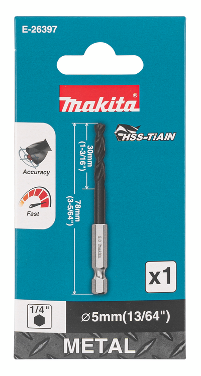 Metalliporanterä Makita HSS-TiAIN 5,0x78mm 1/4" kuusiokanta keskityskärki