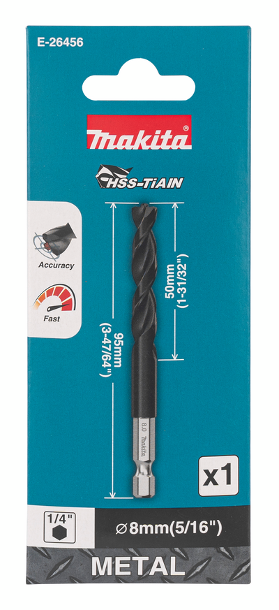 Metalliporanterä Makita HSS-TiAIN 8,0x95mm 1/4" kuusiokanta keskityskärki