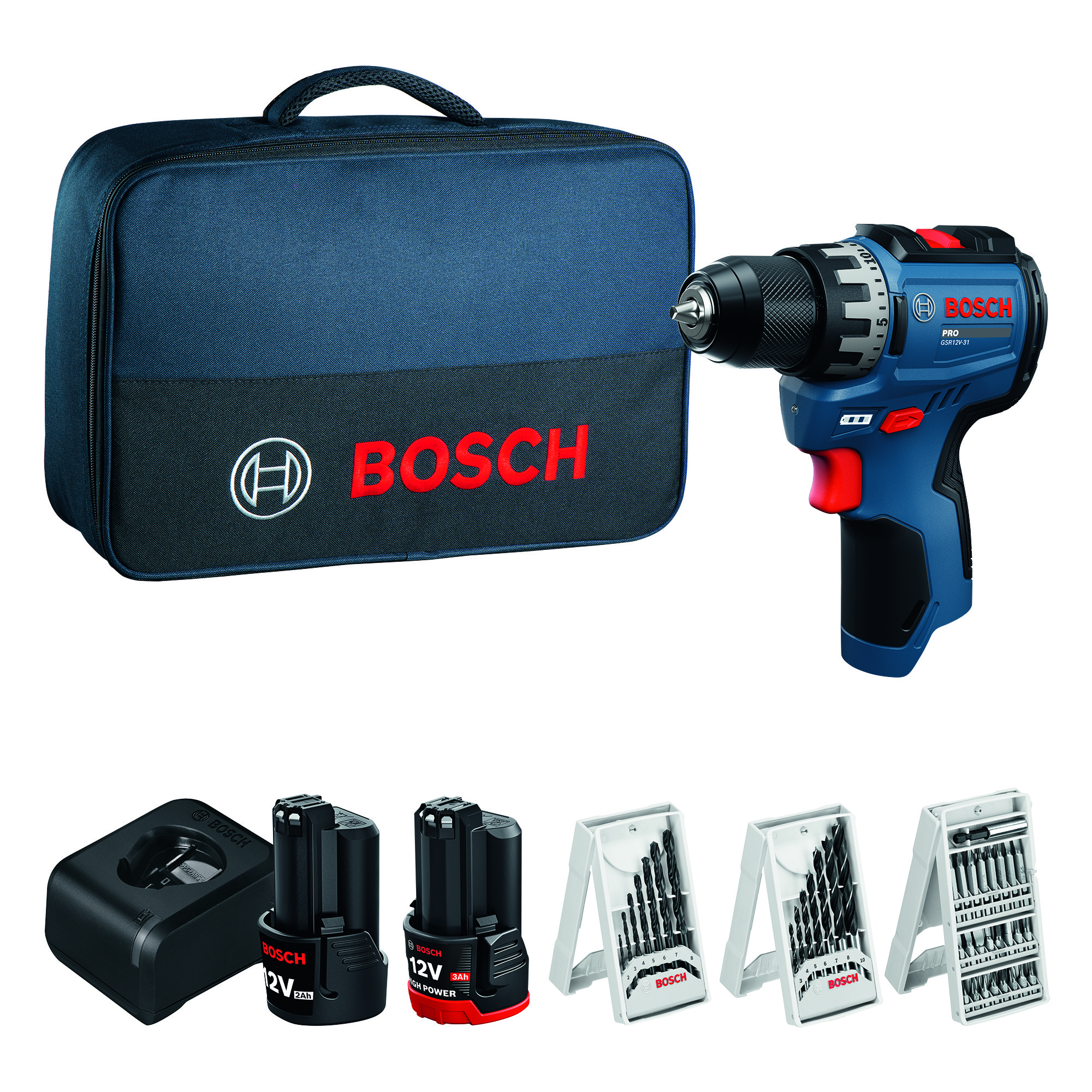 Akkuporakone Bosch PRO GSR12V-31 1x2Ah 1x3Ah 39xAC