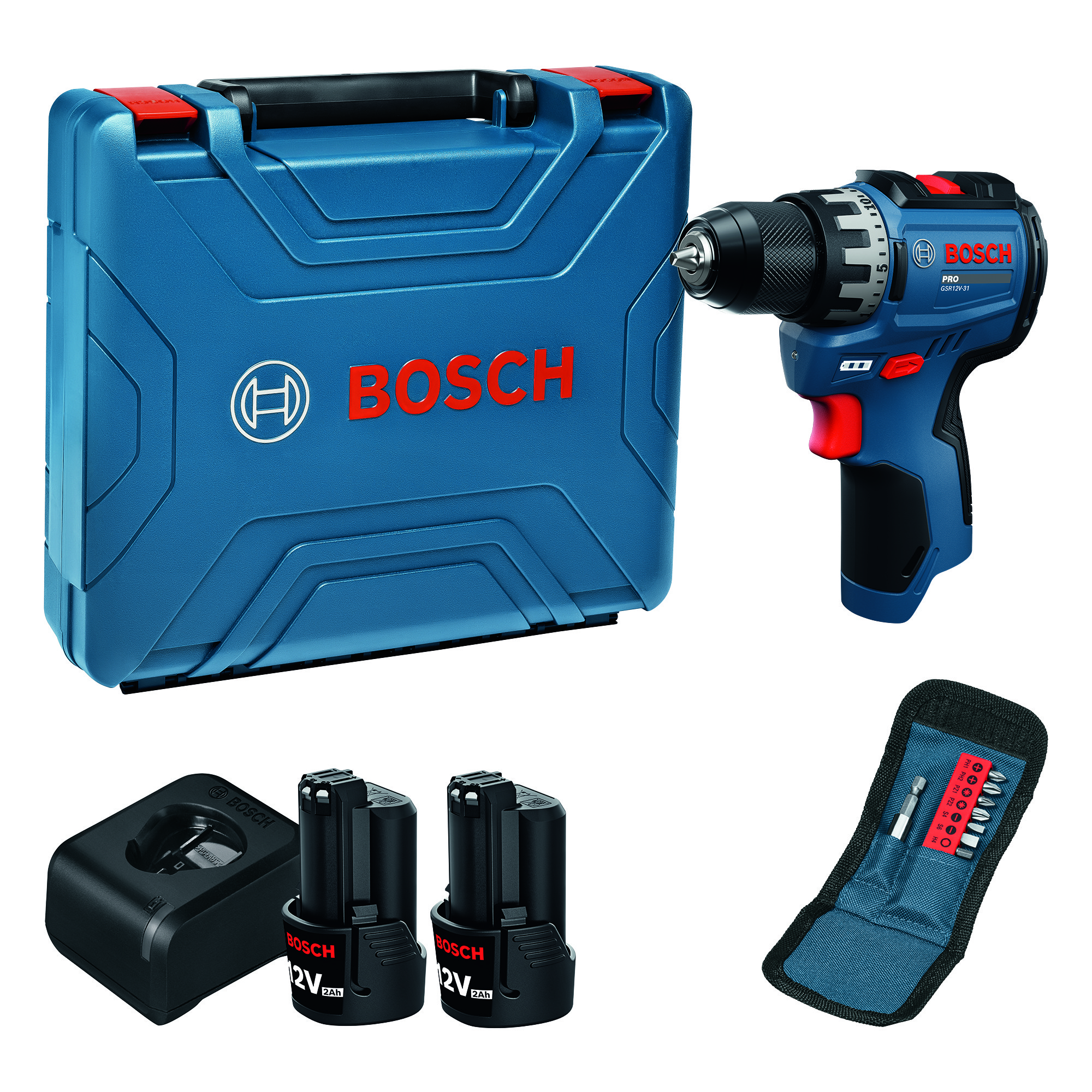 Akkuporakone Bosch PRO GSR12V-31 2x2Ah 10xAC laukku