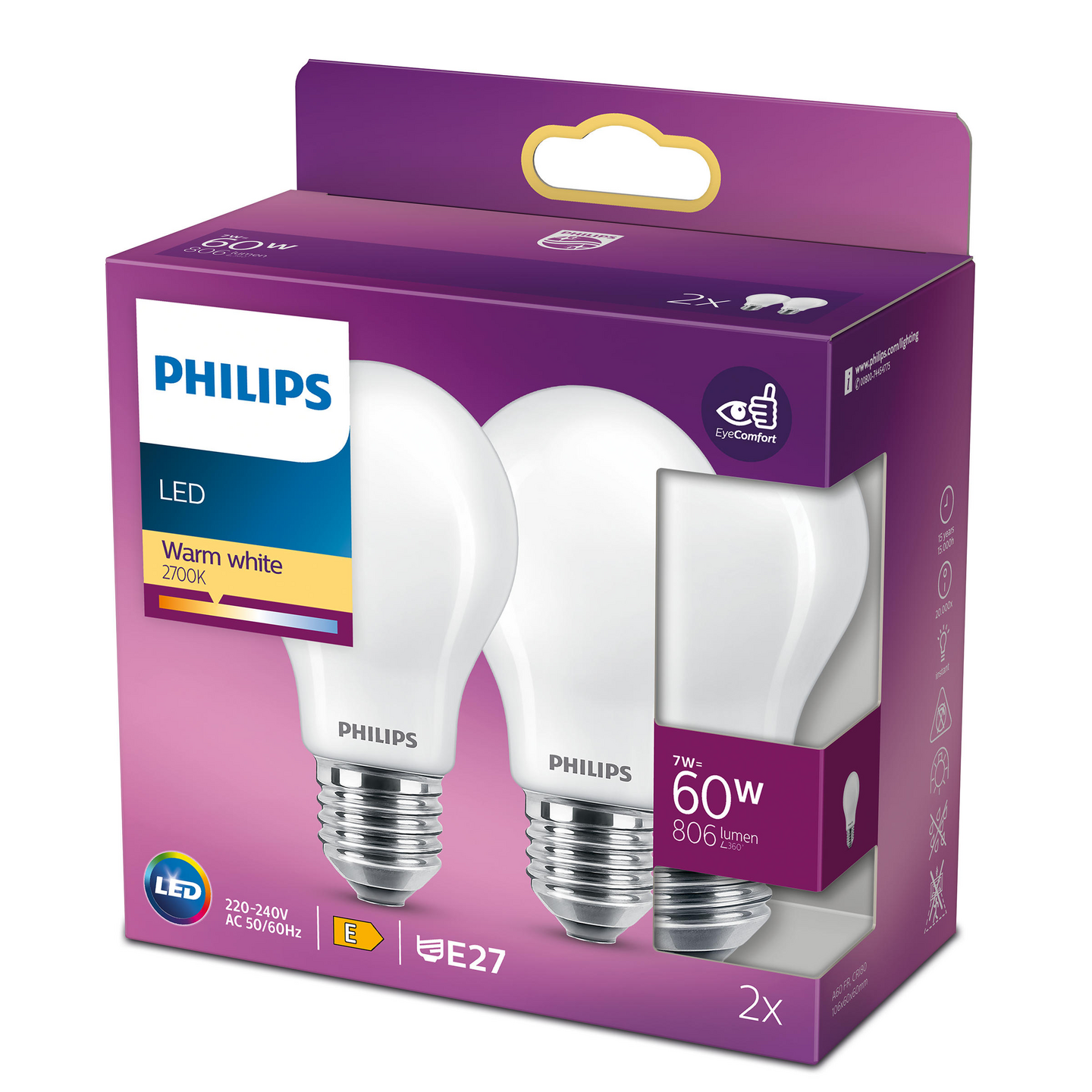 Led-lamppu Philips a60 E27 ww 806lm 2kpl