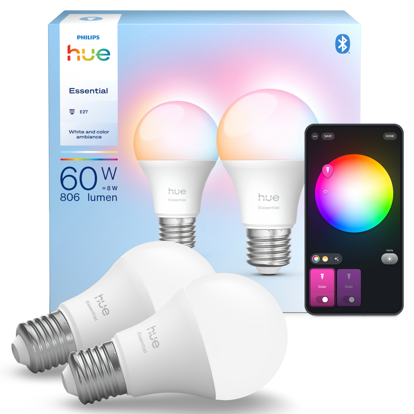 Led-lamppu PHILIPS ESSENTIAL White and Color Ambiance 806lm 2200-6500K E27 2kpl