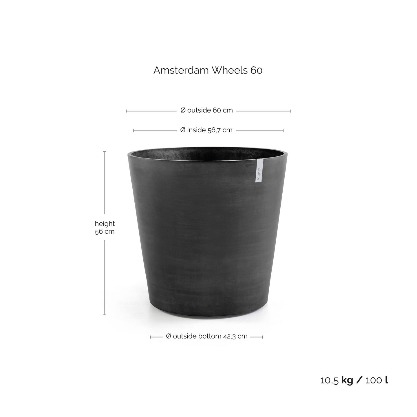 Ruukku Ecopots Amsterdam pyörillä 60cm tummanharmaa