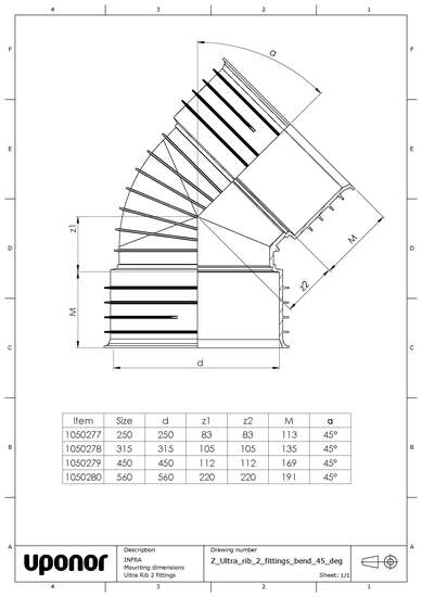 Viemärikulma Uponor 250x45 Ultra Rib 2
